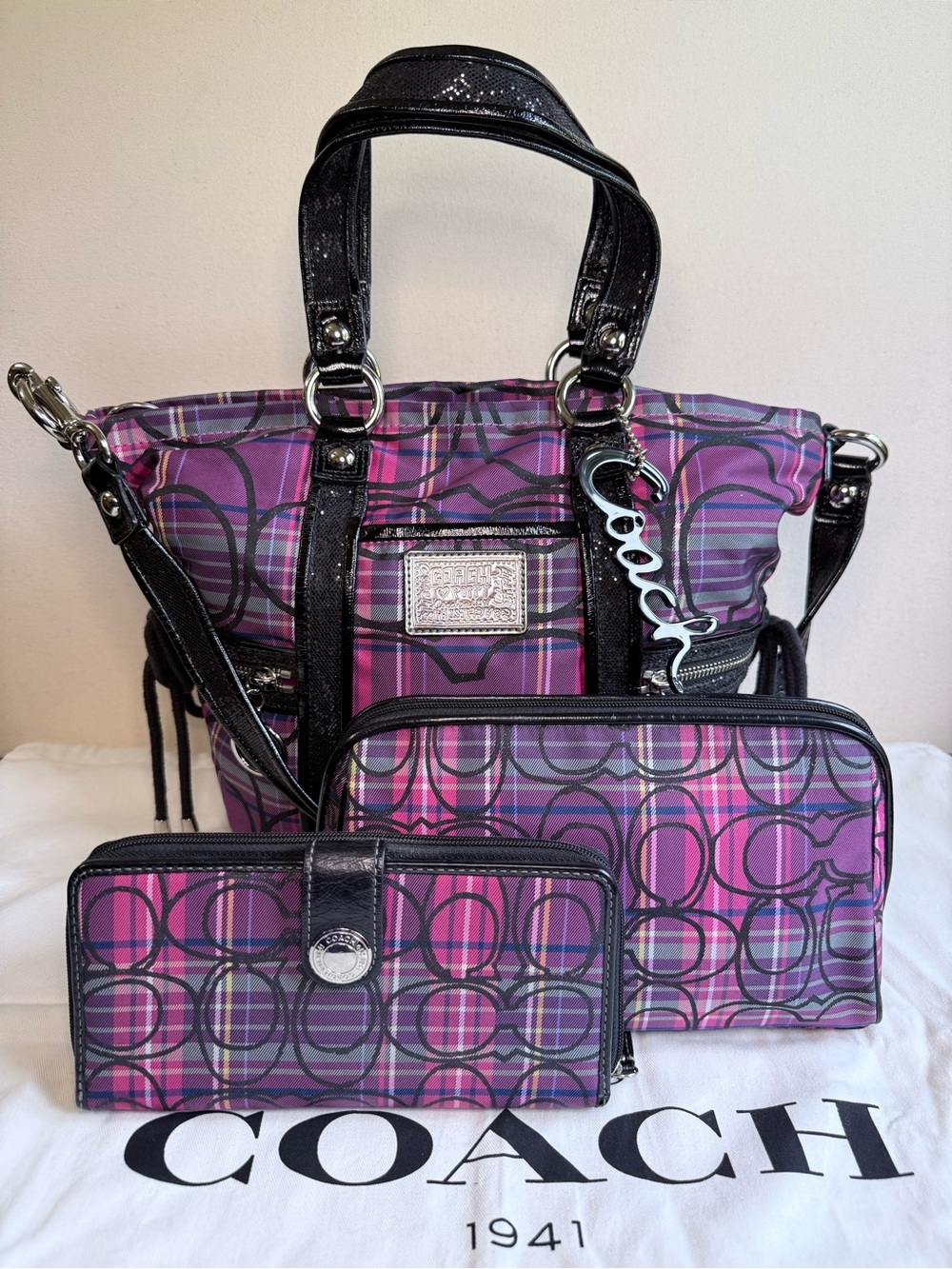 Coach Poppy Plaid Trio — Satchel + Wallet + Makeup Case - EUC + Dust Bag